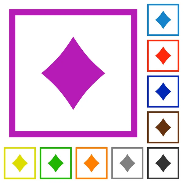 Diament Symbol Karty Płaskie Ikony Koloru Kwadratowych Ramkach Białym Tle — Wektor stockowy