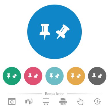 Yuvarlak renkli arkaplanda düz beyaz simgeleri aç / kapat. 6 bonus simgesi dahil.