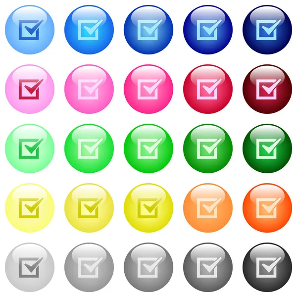 25色の光沢のある球状ボタンのセットのチェックボックスアイコン — ストックベクタ