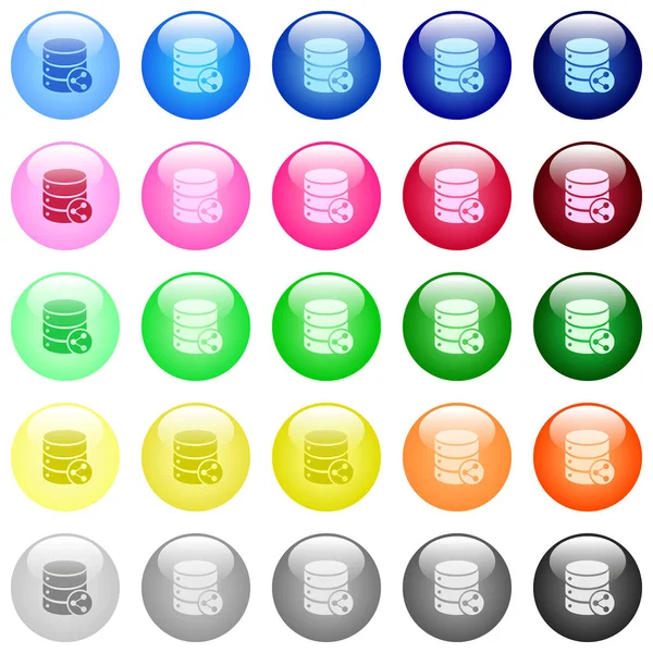 Иконки Отношений Таблицы Базы Данных Наборе Цветных Глянцевых Сферических Кнопок — стоковый вектор