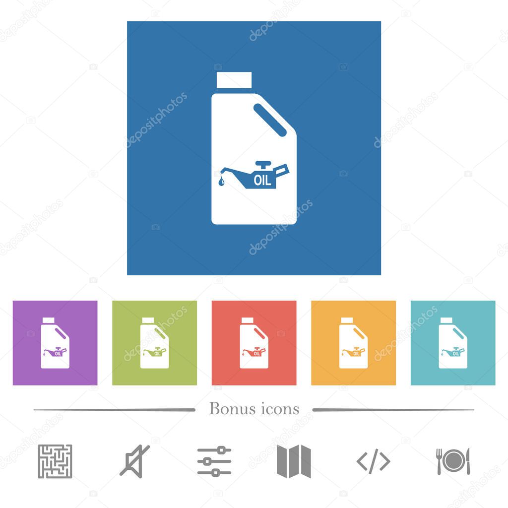 Oil canister with oiler flat white icons in square backgrounds. 6 bonus icons included.