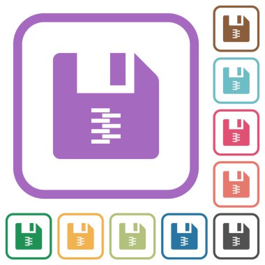 zip arşiv dosyası basit simgeleri beyaz arkaplan üzerinde renkli yuvarlak kare çerçeveler