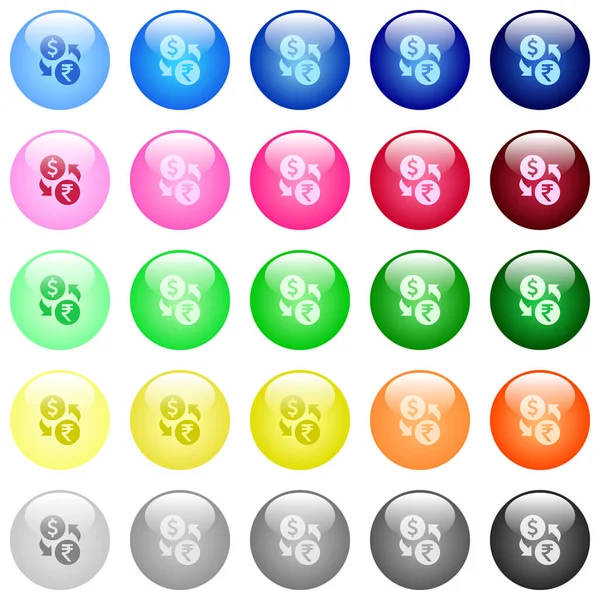 Dólar Rupia Iconos Cambio Dinero Conjunto Botones Esféricos Brillantes Color — Vector de stock
