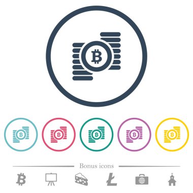 Bitcoins yuvarlak hatlı düz renk simgeleri. 6 bonus simgesi dahil.