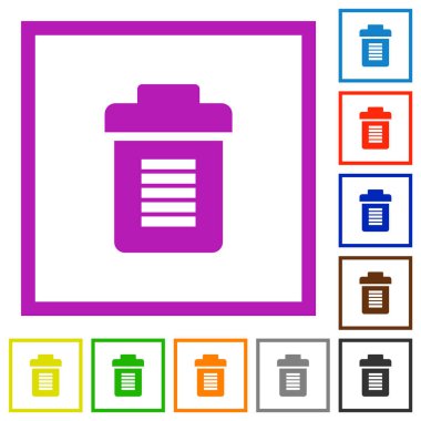 Beyaz arkaplanda kare çerçevelerde tam çöp düz renk simgeleri