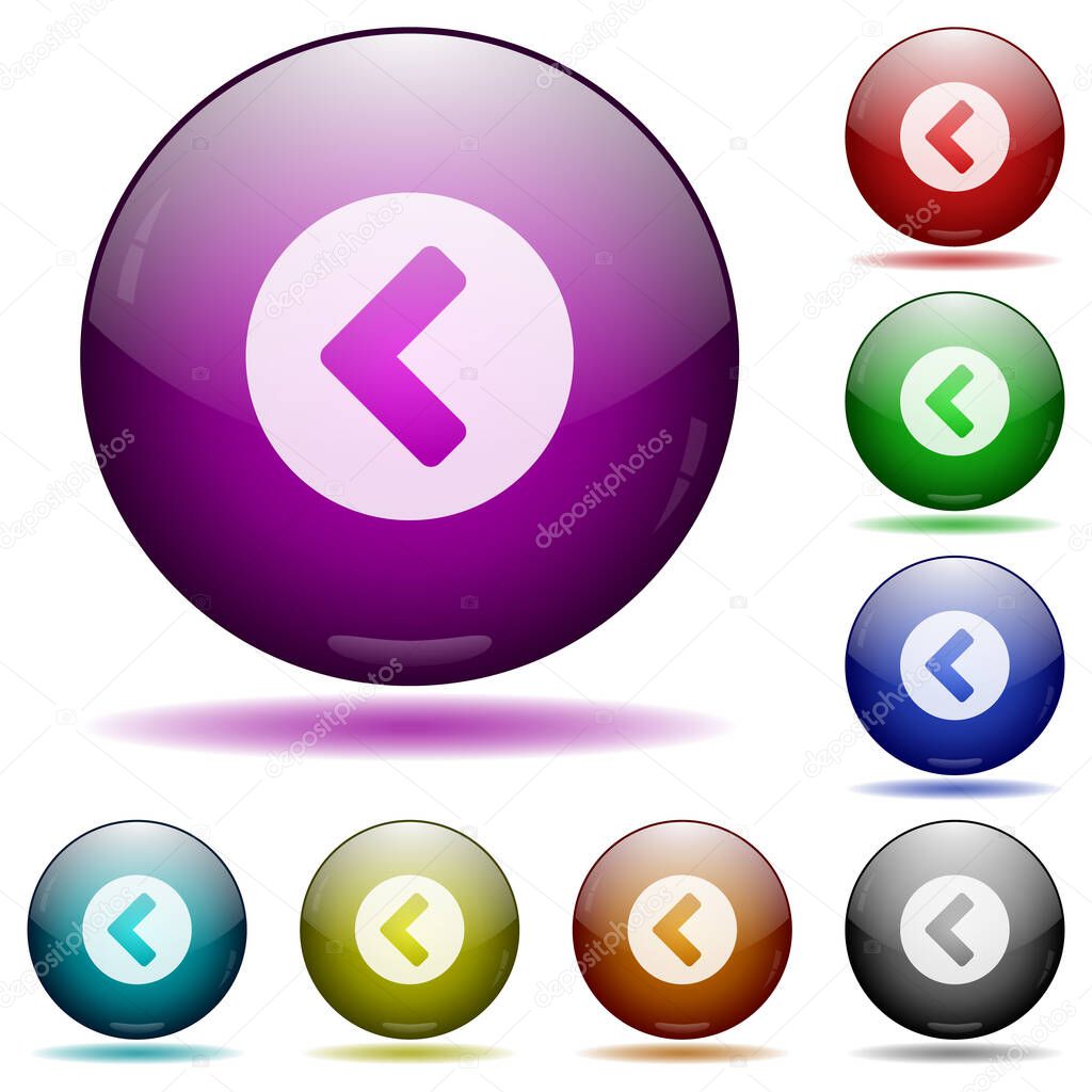 Chevron left icons in color glass sphere buttons with shadows