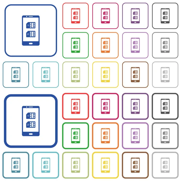 Διπλή Sim Κινητό Χρώμα Επίπεδη Εικονίδια Στρογγυλεμένα Τετράγωνα Πλαίσια Περιλαμβάνονται — Διανυσματικό Αρχείο