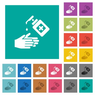 El yıkama, el dezenfektanı, düz kare arka planda çok renkli düz ikonlar. Uçan veya etkin efektler için beyaz ve koyu simge varyasyonları.