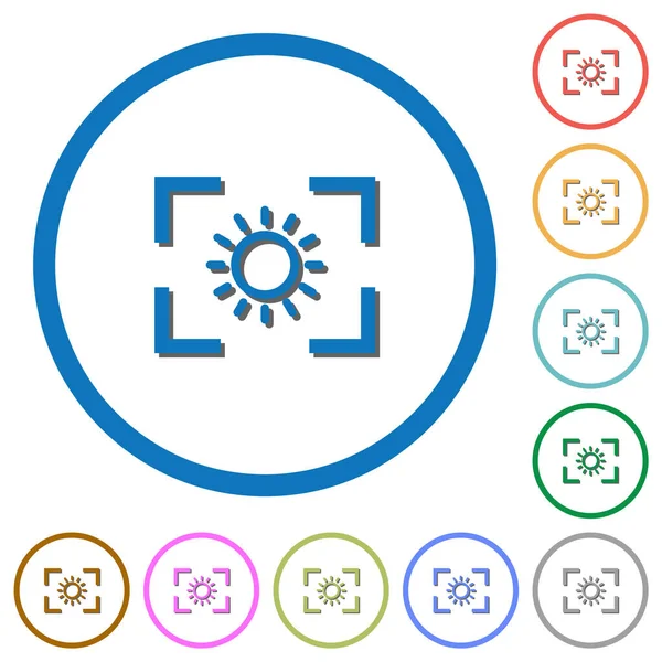 Configuração Brilho Câmera Ícones Vetoriais Cor Plana Com Sombras Contornos —  Vetores de Stock