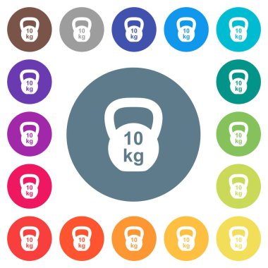 Kettlebel 10 Kg düz beyaz simgeler, yuvarlak renkli arkaplanlar. 17 arkaplan renk varyasyonu dahil.