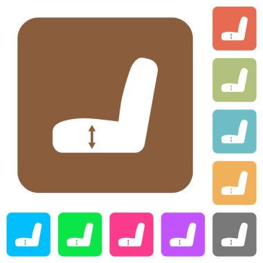 Yuvarlak kare renkli arkaplanlarda oto koltuğu ayarlama yassı simgeleri.