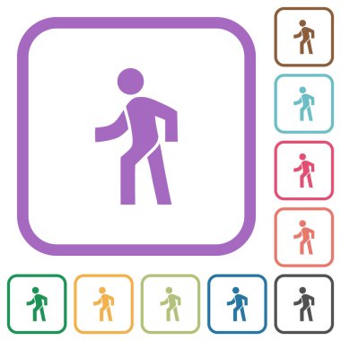 Beyaz arkaplanda yuvarlak kare çerçeveler halinde basit simgeler bırakan adam