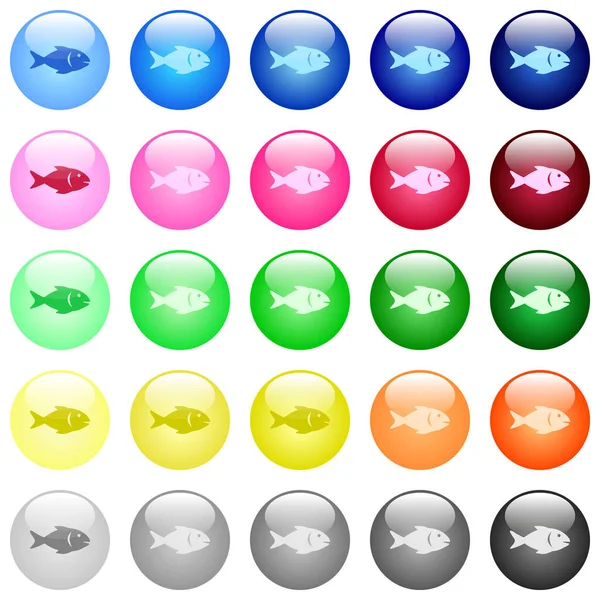 Рыбные Иконки Наборе Цветных Глянцевых Сферических Кнопок — стоковый вектор