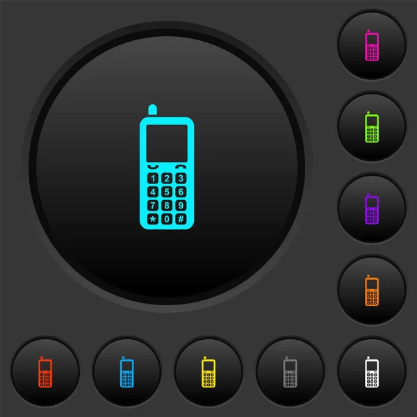 ダークグレーの背景に鮮やかな色のアイコンとレトロな携帯電話のダークプッシュボタン — ストックベクタ