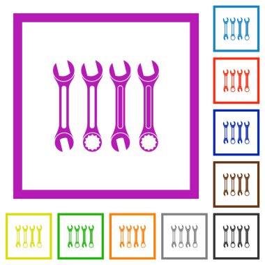 Beyaz arkaplan üzerindeki kare çerçevelerde düz renk simgeleri anahtar kümesi