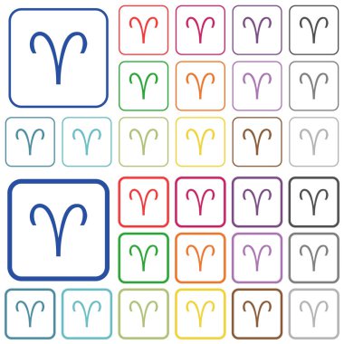 Koç burcu sembolü yuvarlak kare çerçeveli düz renkli simgeler. İnce ve kalın versiyonlar dahil.