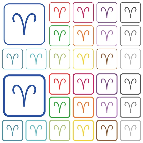 Koç burcu sembolü yuvarlak kare çerçeveli düz renkli simgeler. İnce ve kalın versiyonlar dahil.