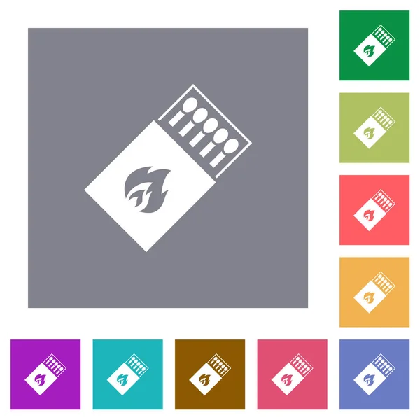 Box of matches flat icons on simple color square backgrounds — Stock Illustration Box Matches Flat Icons Simple Color Square Backgrounds Royalty Free Stock Vectors