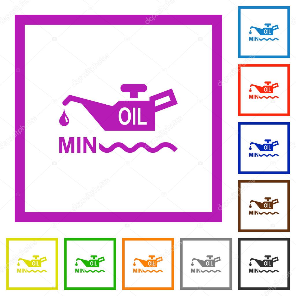 Oil level minimum indicator flat color icons in square frames on white background