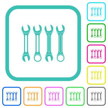 Beyaz arkaplan üzerinde eğri kenarlıklarda canlı renkli düz simgeler kümesi