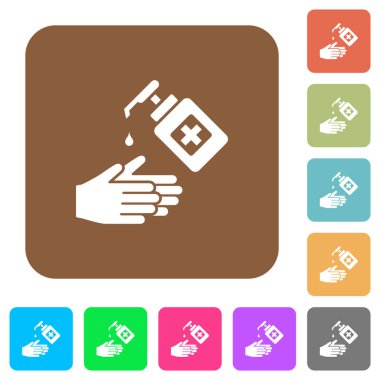 Yuvarlak kare renkli arkaplanlarda el dezenfektanı düz simgeleriyle el yıkama.