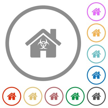 Beyaz arkaplanda yuvarlak çizgiler halinde ev karantinası düz renk simgeleri