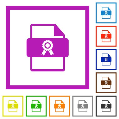 Beyaz arkaplanda kare çerçevelerde düz renk simgeleri sertifika dosyası