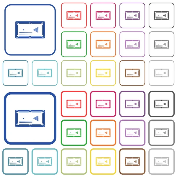 Gioco Biliardo Con Palle Spunti Colore Icone Piatte Cornici Quadrate — Vettoriale Stock