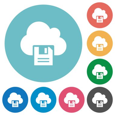 Düz beyaz simgeleri yuvarlak renkli arkaplanlarda bulut depolama