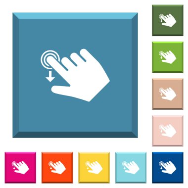 Sağ el, kenarlı kare düğmeleri üzerinde çeşitli moda renklerde jest beyaz simgeleri aşağı kaydırır