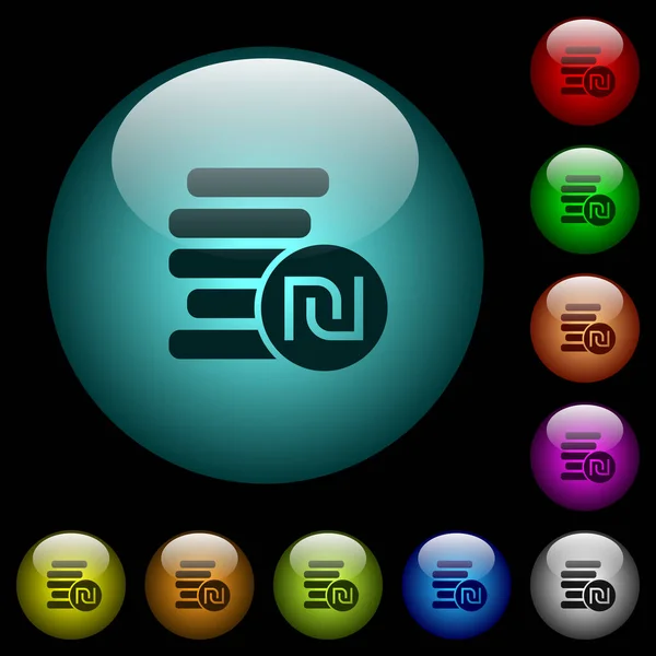 以色列新的Shekel硬币在黑色背景上的彩色照明球面玻璃按钮图标 可用于黑色或深色模板 — 图库矢量图片