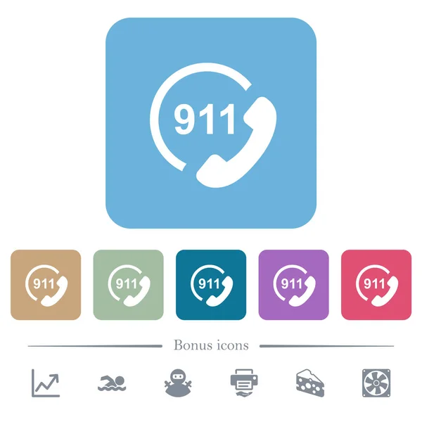 Llamada Emergencia 911 Iconos Planos Blancos Fondos Cuadrados Redondeados Color — Archivo Imágenes Vectoriales