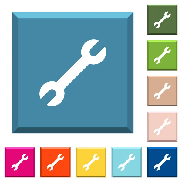 Single Wrench White Icons Edged Square Buttons Various Trendy Colors — Stock Vector