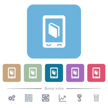 Renkli yuvarlak kare arkaplan üzerine mobil sözlük beyaz düz simgeler. 6 bonus simgesi dahil