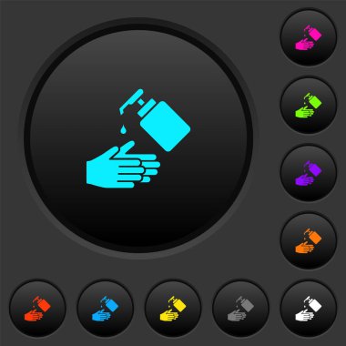 Sıvı sabunla el yıkama koyu gri arkaplanda renkli simgelerle koyu tuşa basma