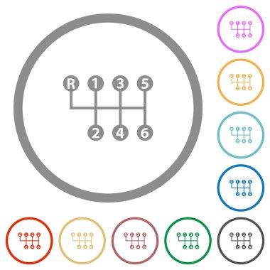 Beyaz arkaplanda yuvarlak çizgilerde altı hız manuel vites kayması düz renk simgeleri