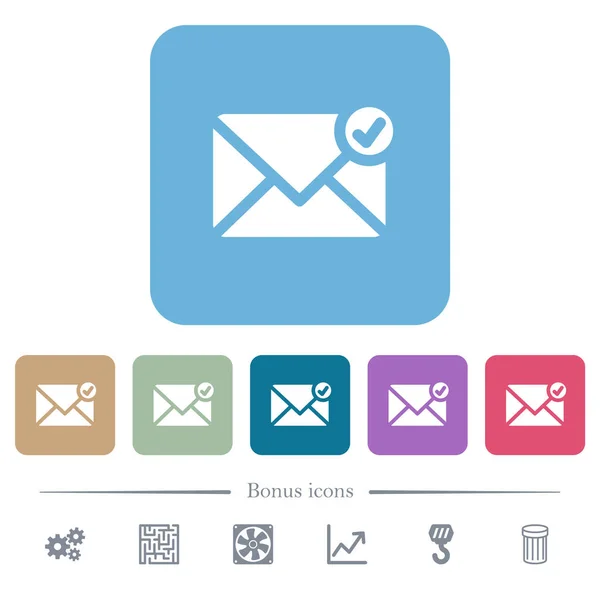 Correo Envió Iconos Blancos Planos Sobre Fondos Cuadrados Redondeados Color — Vector de stock