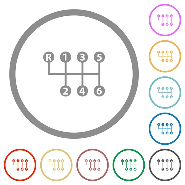 Beyaz arkaplanda yuvarlak çizgilerde altı hız manuel vites kayması düz renk simgeleri