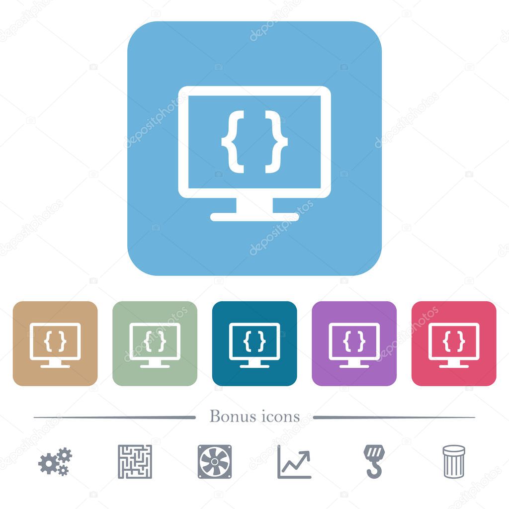 Developing application white flat icons on color rounded square backgrounds. 6 bonus icons included