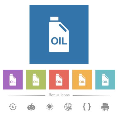 Yağ tenekesi, kare arkaplanlarda düz beyaz simgeler. 6 bonus simgesi dahil.