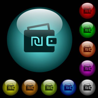 İsrail 'in yeni Shekel cüzdan simgeleri siyah arkaplanda renkli küresel cam düğmelerle aydınlatılmış. Siyah ya da koyu şablonlar için kullanılabilir