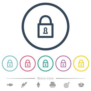 Kilitli asma kilit ve yuvarlak çizgilerde düz renk simgeleri. 6 bonus simgesi dahil.