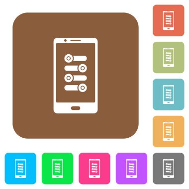 Yuvarlak kare canlı renk arkaplanındaki mobil ince ayar düz simgeleri.