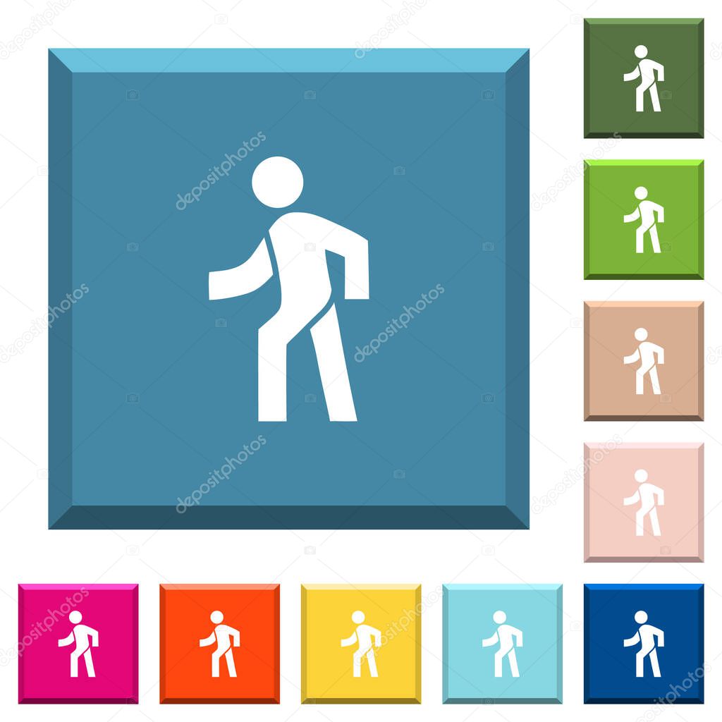 Man walking left white icons on edged square buttons in various trendy colors