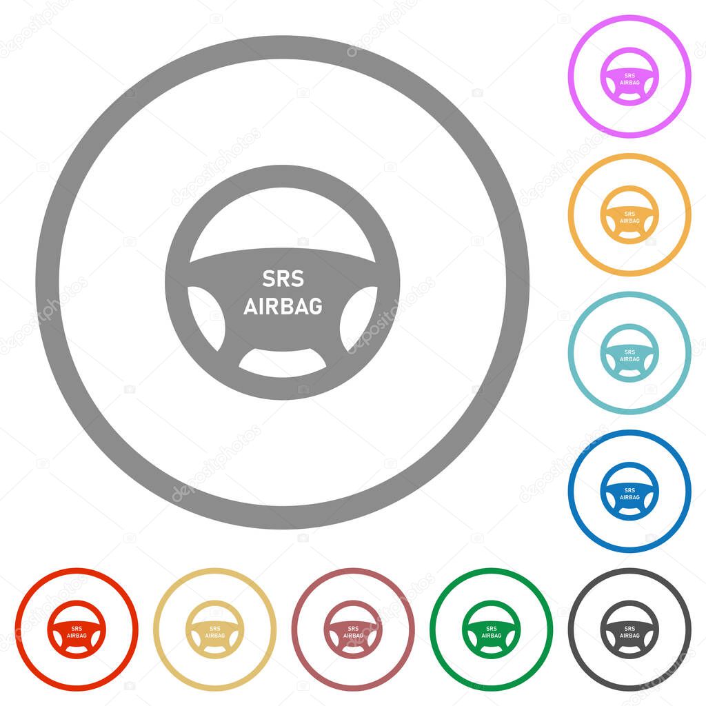 Steering wheel airbag flat color icons in round outlines on white background