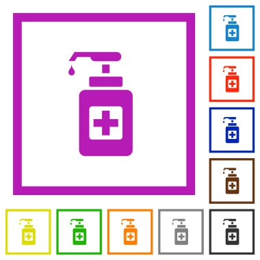 Beyaz arkaplanda kare çerçeveli el dezenfektanı düz renk simgeleri