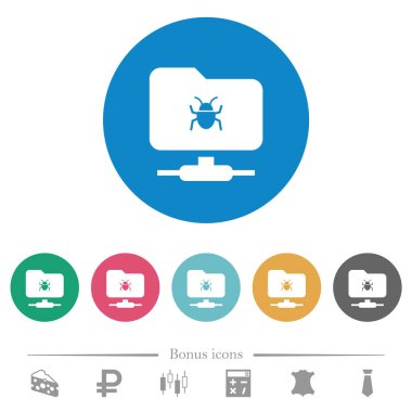 Yuvarlak renk arkaplan üzerinde FTP böceği düz beyaz simgeleri. 6 bonus simgesi dahil.