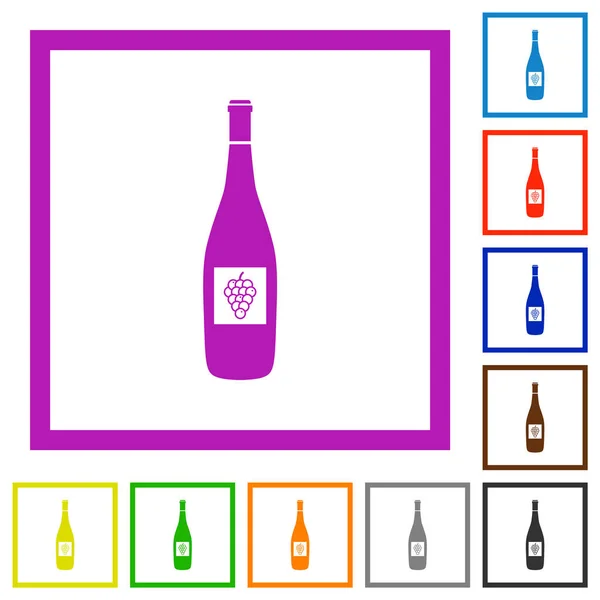 白を背景に正方形のフレームにブドウのフラットカラーアイコンとワインボトル — ストックベクタ
