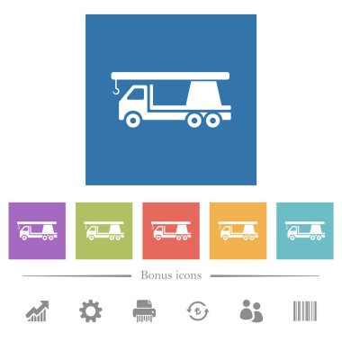 Turna kamyonu kare arkaplanda düz beyaz simgeler. 6 bonus simgesi dahil.