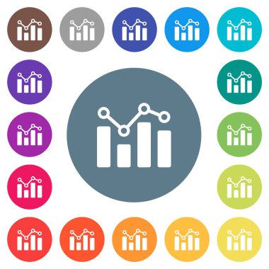 Yuvarlak renkli arkaplanda düz beyaz simgeleri olan çubuk grafik. 17 arkaplan renk varyasyonu dahil.